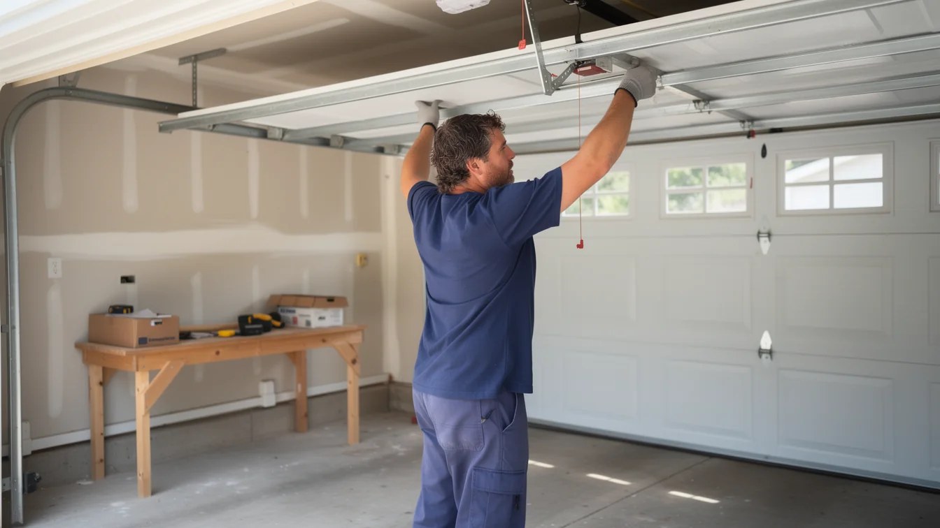 A technician in a blue shirt works on the garage door opener.