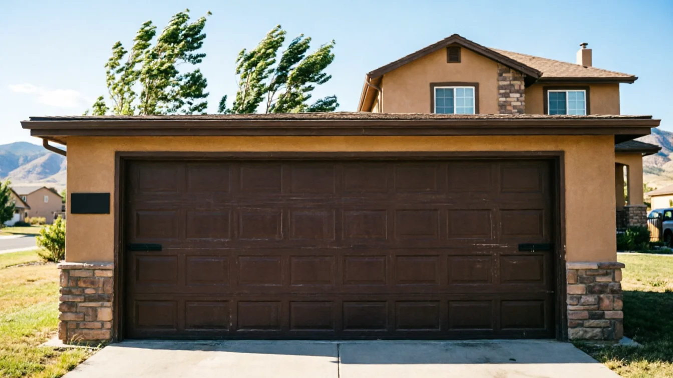 A brown garage door on a tan house with stone accents.