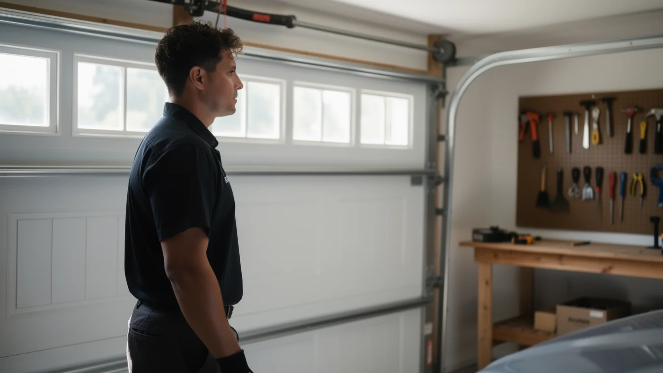 A technician stands in a garage with a white garage door and a workbench.