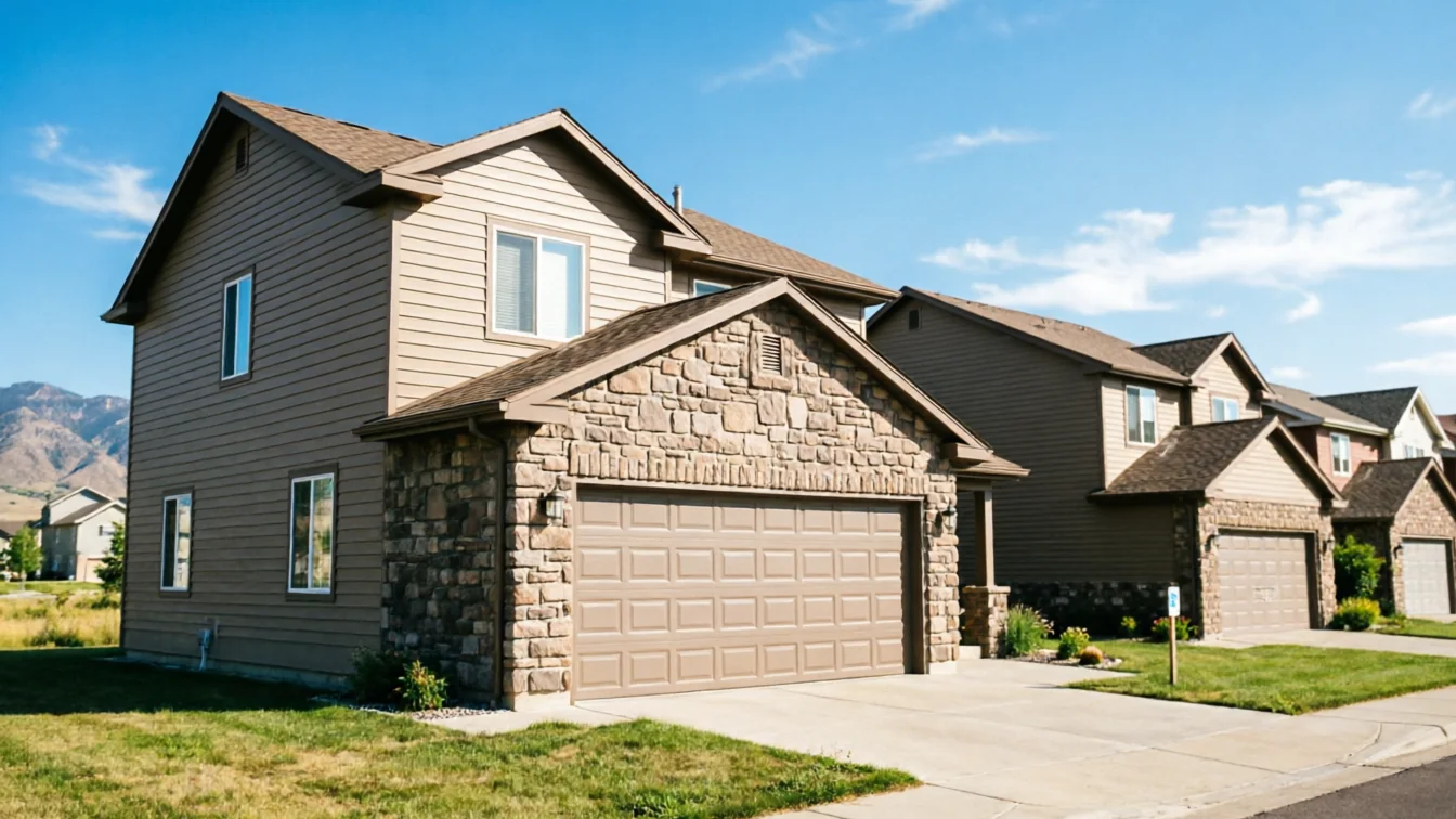 The house has a brown garage door with stone and siding, and a driveway.
