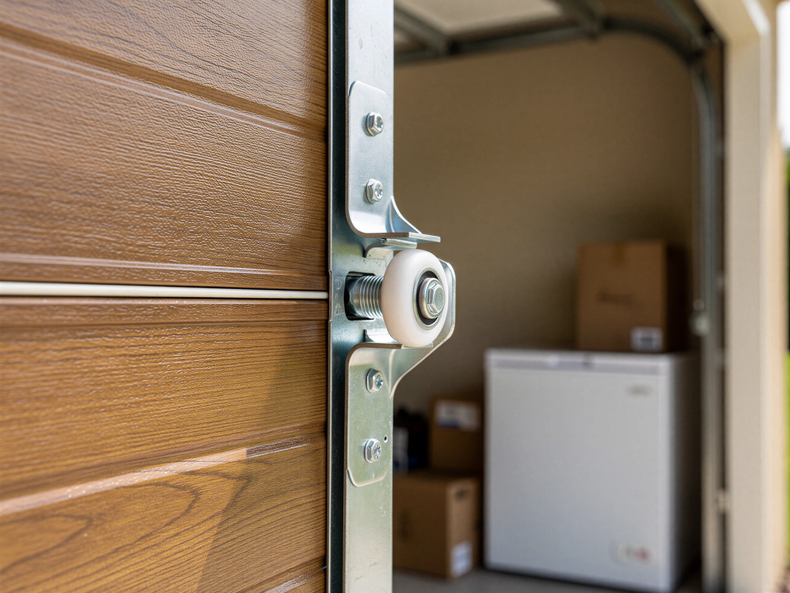 A brown wood-look garage door is open, showing a roller and track.